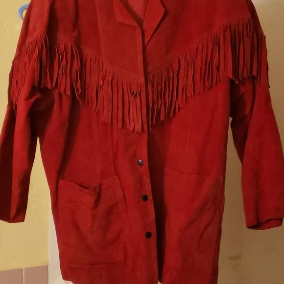 Vintage Avon Fashions Red Fringed Suede 80s 90s Leather Collar Jacket ❤ - Picture 2 of 14